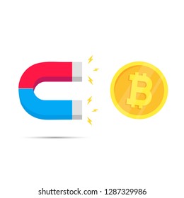 Red and blue horseshoe magnet icon sign attract golden coin crypto currency bitcoin. Magnetism, money magnetize field  symbol concept flat style design vector illustration isolated on white background