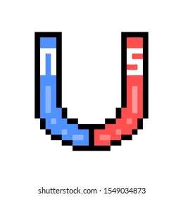 Red and blue horseshoe magnet with n and s letters, pixel art icon isolated on white background. 8 bit science symbol. Old school vintage retro 80s, 90s slot machine/video game graphics. Physics logo.