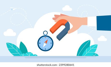 Red and blue horseshoe magnet or physics magnetic and compass. Close up analog compass and bar magnet. South pole of the magnet effect on the compass needle. Business concept. Vector illustration