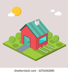 Red and blue house building isometric vector illustration