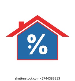 Red and blue house icon with white percentage symbol on front representing mortgage rates or real estate finance concepts