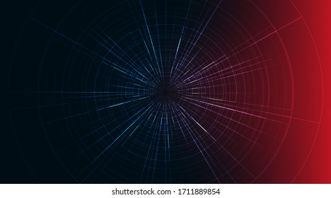 Rote und blaue Hyperspace-Geschwindigkeitsbewegung auf blauem Hintergrund, Warp-and-expandierendes Bewegungskonzept, Vektorgrafik.