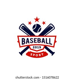 red and blue illustration of a baseball club emblem. Shield, bats, baseball and text with stars. Vector illustration on a sports theme
