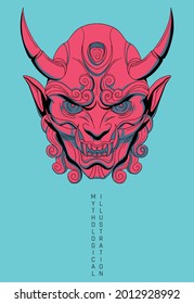 red and blue illustration mask in comic style with black border-line