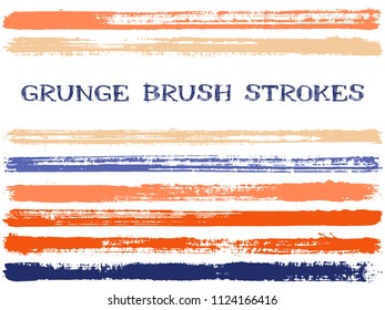 Red blue ink brush strokes isolated design elements. Set of paint lines. Dirty stripes, textured paintbrush stroke shapes. Collection of ink brushes, stripes isolated on white, vector paint samples.