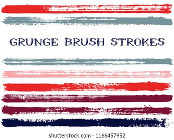 Red blue ink brush strokes isolated design elements. Set of paint lines. Creative stripes, textured paintbrush stroke shapes. Collection of ink brushes, stripes isolated on white, vector paint samples