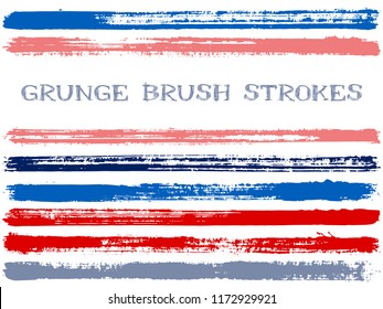 Red blue ink brush strokes isolated design elements. Set of paint lines. Creative stripes, textured paintbrush stroke shapes. Collection of ink brushes, stripes isolated on white, vector paint samples