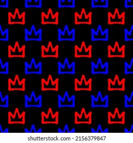 Coronas de tinta roja y azul aisladas sobre fondo negro. Patrón real sin fisuras. Dibujo gráfico plano vectorial simple a mano. Textura.