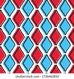 Red and blue ink rhombuses isolated on white background. Interior seamless pattern. Hand drawn vector graphic illustration. Texture.
