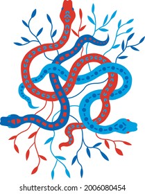 red and blue intertwined snakes with florals
