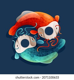 Red and blue koi carps in the shape of the Yin Yang symbol. Traditional Japanese Vector illustration with catfishes in vivid colorful style.