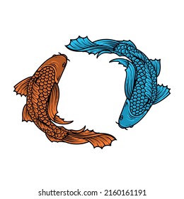 arte de la línea negra de los peces koi rojo y azul