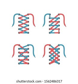 Red and blue lace shoes icon set with tied and untied shoelaces isolated on white background vector illustration