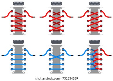 Red and blue laces vector set. Schemes of tying shoelaces isolated on white background.