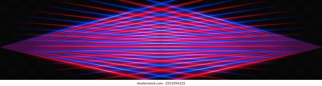 Feixes de laser vermelho e azul que se cruzam em um padrão simétrico em um fundo preto, criando um efeito visual futurista e dinâmico