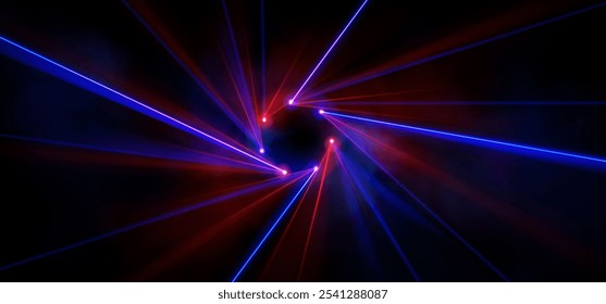 Luz laser vermelha e azul para fundo de concerto. Evento de festa de dança com design de círculo de lazer para dj. Desempenho de estroboscópio noturno com brilho e vapor. Vida noturna realista bg. Tecnologia virtual vibrante