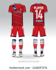 Red and blue layout football sport t-shirt design. Template front, back view. Soccer kit national team shirt mock up. Vector Illustration.