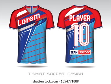Red and Blue layout football sport t-shirt design. Template front, back view. Soccer kit national team shirt mock up. Vector Illustration.