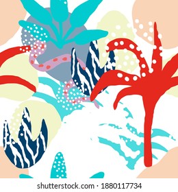 Red and Blue Leaves and Doodles Tropical Vector Seamless Pattern. Motley Deciduous Palm and Snake Fabric Pattern. Exotic Wallpaper.