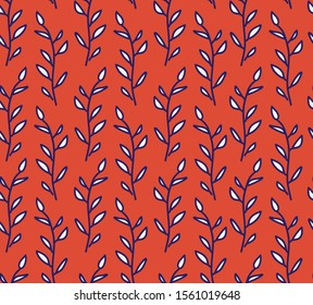 Red and blue leaves seamless repeat vector pattern. Stylish and trendy vintage inspired surface pattern design