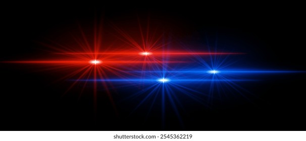 Red and blue light beams with star-like bursts and radiant glow. Horizontal streaks create intense illumination and contrasting colors on a dark background