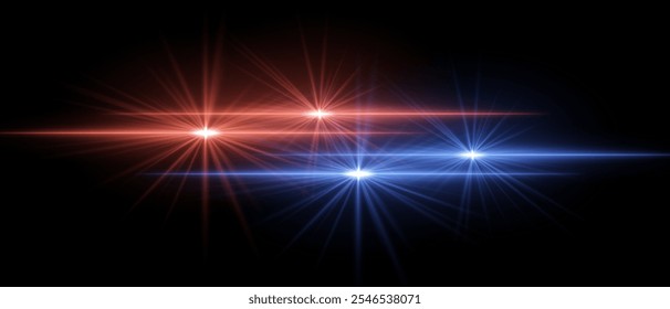 Red and blue light beams with star-like bursts and radiant glow. Horizontal streaks create intense illumination and contrasting colors on a dark background