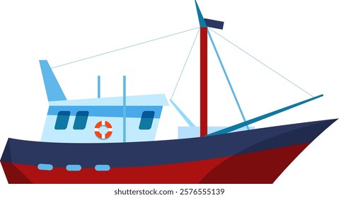 Red, blue, and light blue fishing boat sailing on a white background, featuring a mast, ropes, a cabin, lifebuoy, and portholes, capturing a vibrant maritime scene