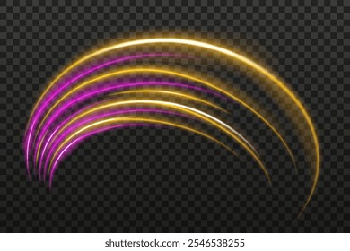 Rayos de luz rojos y azules con un reflejo curvo agudo. Diseños de ciencia ficción, transiciones de luz y efectos futuristas. Brillantes rayas de neón y brillo dinámico sobre fondo transparente