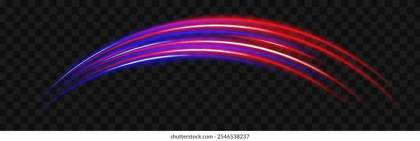 Red and blue light streaks with a curved beam reflection. Sci-fi designs, light transitions, and futuristic effects. Glowing neon arcs on a transparent background