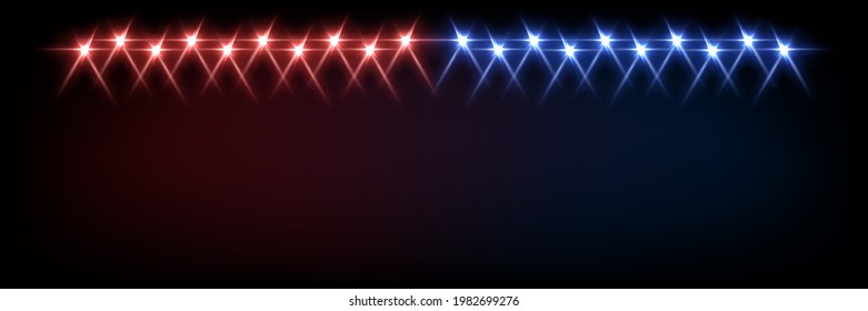 Red and blue lights from projectors on black background. Spotlight with beams effect on stage vector illustration. Abstract bright disco light at party or entertainment event, festival.