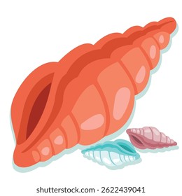 Una concha roja, azul y lila con una sombra sobre un fondo claro. Vector aislado ilustración con un fondo simple
