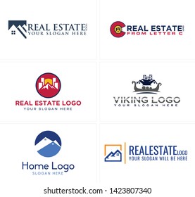 Red blue line art logo design icon roof combined viking ship and with building suitable for real estate mortgage agency home
