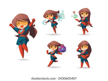 Red Blue little Super Hero Girl long hair Mascot Character Set2
