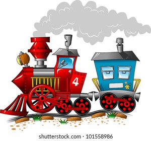 Red and blue locomotive carriage ride by rail (vector illustration);