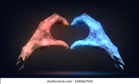 Red and blue low poly glowing hands folded heart from fingers, gesture of friendship and love