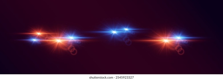 Efecto luminoso rojo y azul. Un destello de estrellas brillantes y llamaradas.