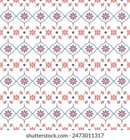 Rot-blaue Luxus-Vektorgrafik nahtloses Muster. Ornamente, traditionelle, ethnische, arabische, türkische, indische Motive. Ideal für Stoff und Textil, Bildschirmhintergrund, Verpackungsdesign oder jede beliebige Idee.