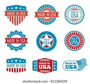 Red And Blue Made In The USA Emblems Set. Guarantee Made In Usa, Shield Made In Usa, National Label Made In Usa. Vector Illustration