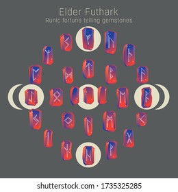 Rote und blaue Zaubersteine. Ältere Futhark Vector Runes Set. Altes deutsches und skandinavisches Runenalphabet. Mystische Symbole auf Steinen. Einzelne Illustrationen, Elemente des Spieldesigns