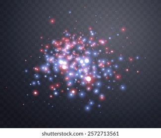 Red and blue magic sparks and dust stars. Glittering dots, particles, sparkles. Glow flare light effect. Red luminous points. Vector particles on transparent background.