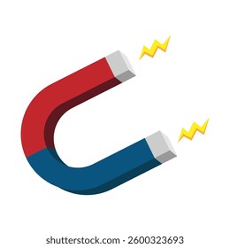 Red blue magnet. Electric lightning spark. Strong attraction icon. Vector physics symbol.