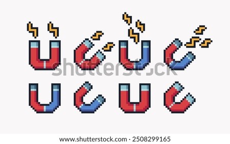 Red and blue magnet pixel art set. Magnetic, electrical power, field collection. 8 bit. Game development, mobile app. Isolated vector illustration. 