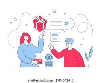Red and blue male assistant offering present to modern female customer paying for purchases with credit card while working in contemporary store. Flat style illustration, thin line art design