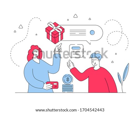 Red and blue male assistant offering present to modern female customer paying for purchases with credit card while working in contemporary store. Flat style illustration, thin line art design