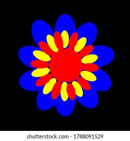 flor de mandala azul roja con ciento quince pétalos de flores y seis capas de círculos