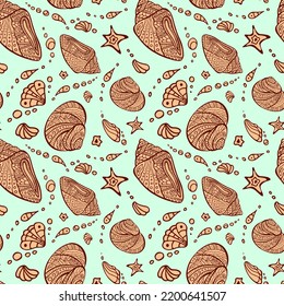 Rote und blaue Maori-Muschel-Zufallsauswahl wiederholen nahtlose Muster. Zen tangl Polynesischer Konch endlose Textur. Unregelmäßiges Meer, unbegrenzter Hintergrund. Tribale Ozeanoberflächen-Design. Schornsteinschmuck