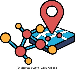 A red and blue map with a red dot on it. The map is surrounded by a bunch of circles