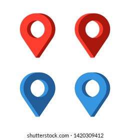Red and blue map pin icons set. Navigation mark button, direction point, cartography geo marker, location label sign. Blank circle with arrow in needle shape. Flat 3D vector illustration.