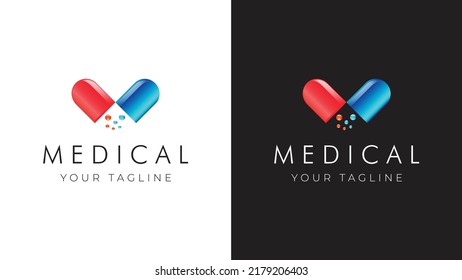 Rote und blaue Medizin Kapsel Tablette Logo Symbol Vorlage. Drugstore Pharmacy Kapseln Pillen Vektorgrafik-Illustration