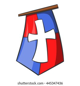 Red and blue medieval banner flag with cross icon in cartoon style on a white background